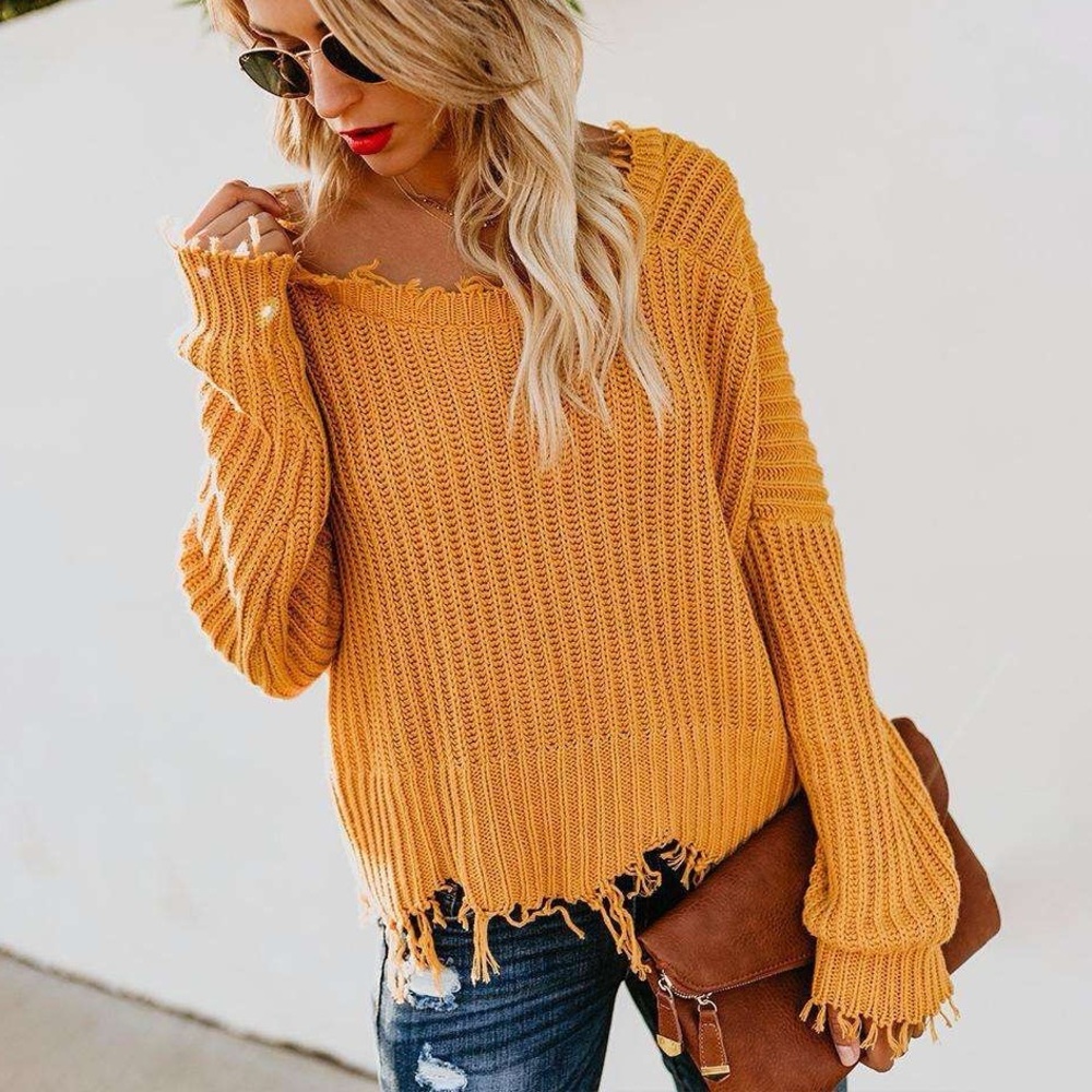 frayed hem destroyed rugged women pullover V-neck tops